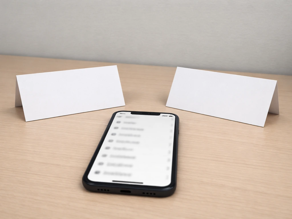 Minimal desk scene with two untangled name-card stacks and a phone showing blurred search suggestions