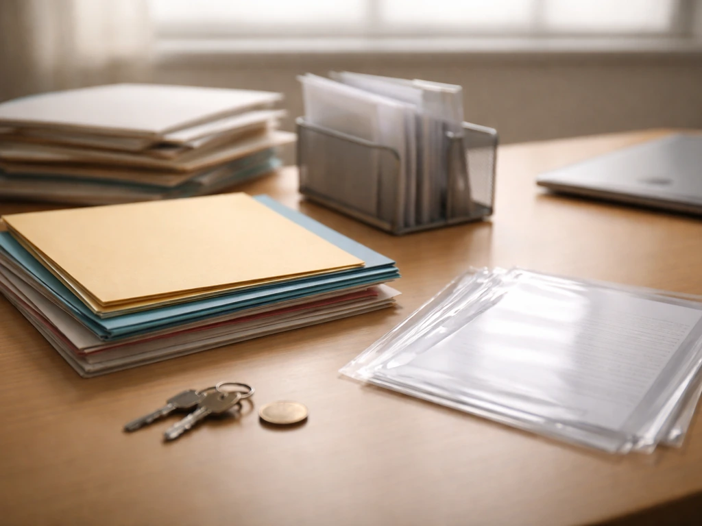 Minimal office desk with documents and files symbolizing asset declarations and records for net worth estimates.