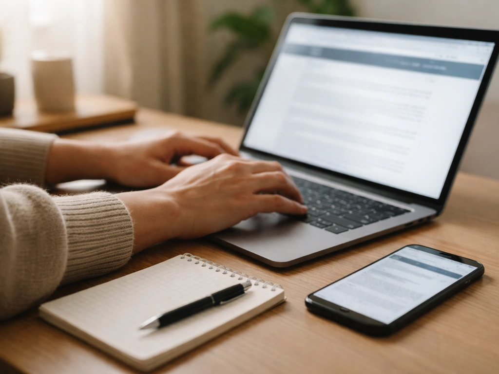 Hands checking a blurred e-declaration page on a laptop with phone and notepad on a desk