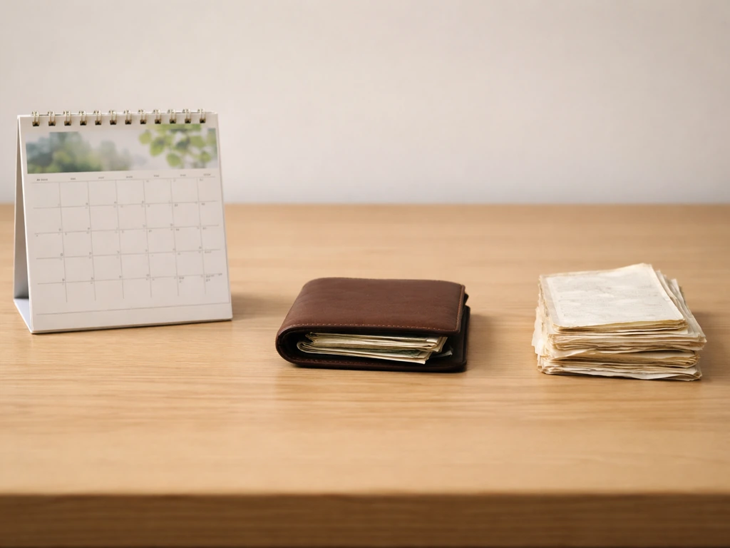 Minimal photo of a desk with a calendar, a wallet, and a receipt representing salary, net worth, and lifetime earnings