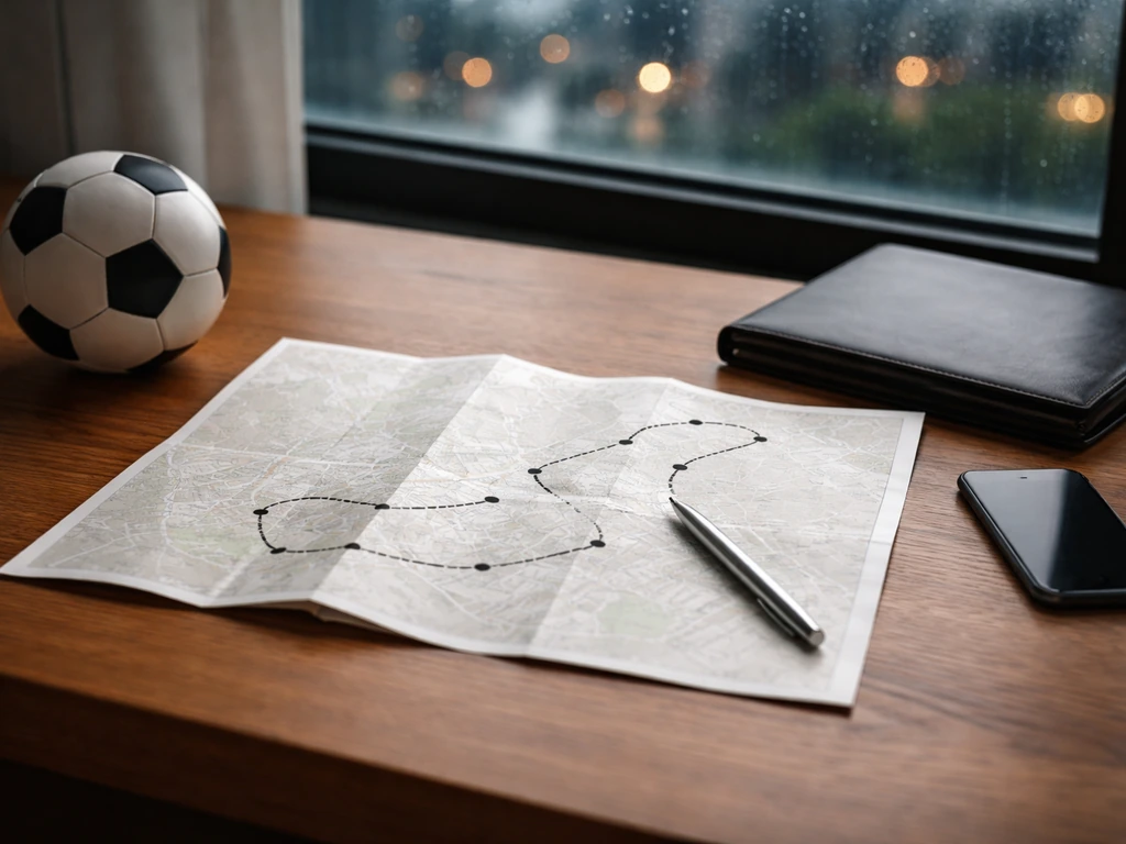 Minimal photo of a football transfer route concept using a stylized map-like path on a table