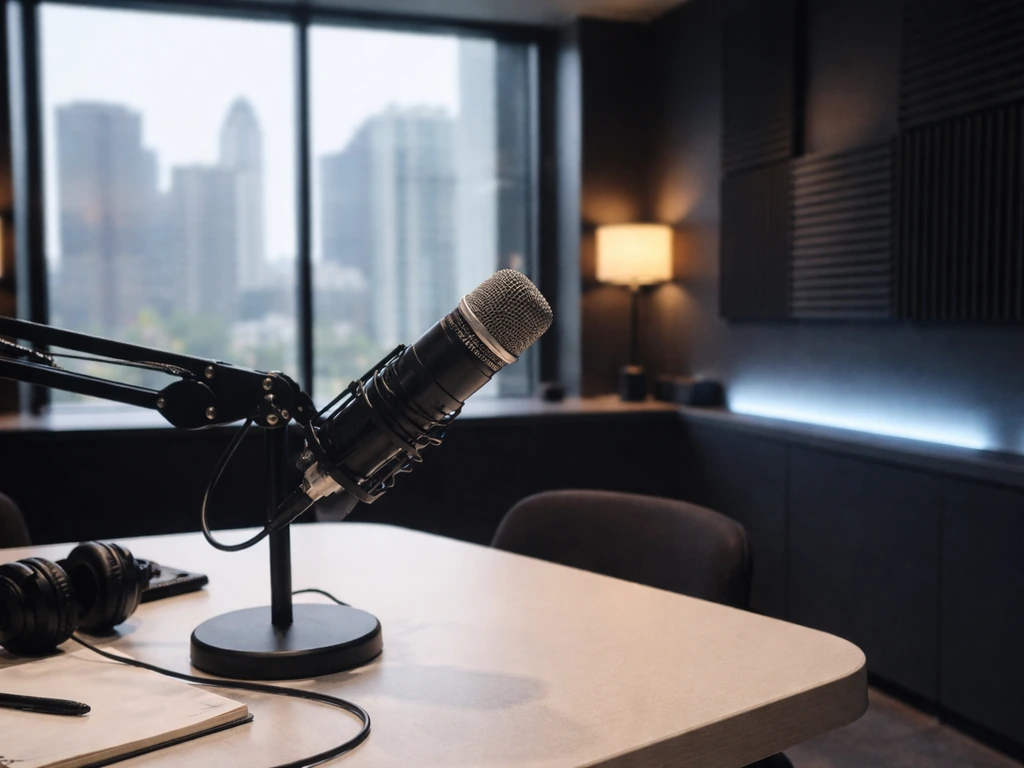 Journalist-style media studio desk with a microphone and city skyline through a window