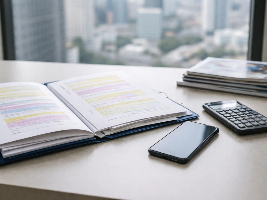 Minimal desk scene with documents and a calculator, suggesting varied net worth estimate sources