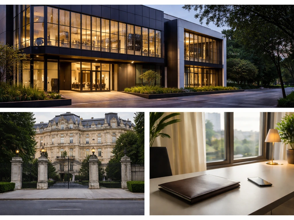 Three-frame collage showing media studio exterior, ornate palace facade, and an upscale sunlit office desk.
