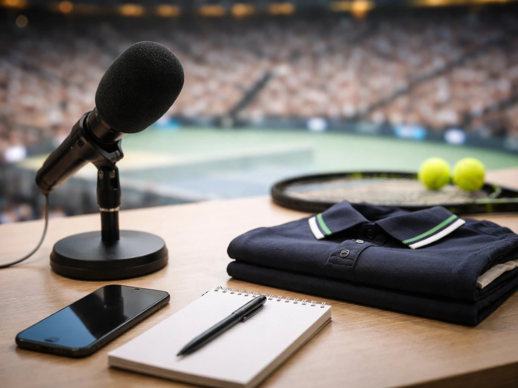 Media desk with microphone and tennis gear, blurred arena lights in the background, tennis coverage vibe.