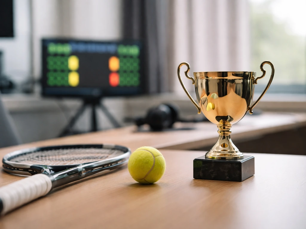 Minimal photo of a tennis match scoreboard and a neatly placed trophy in a quiet media room