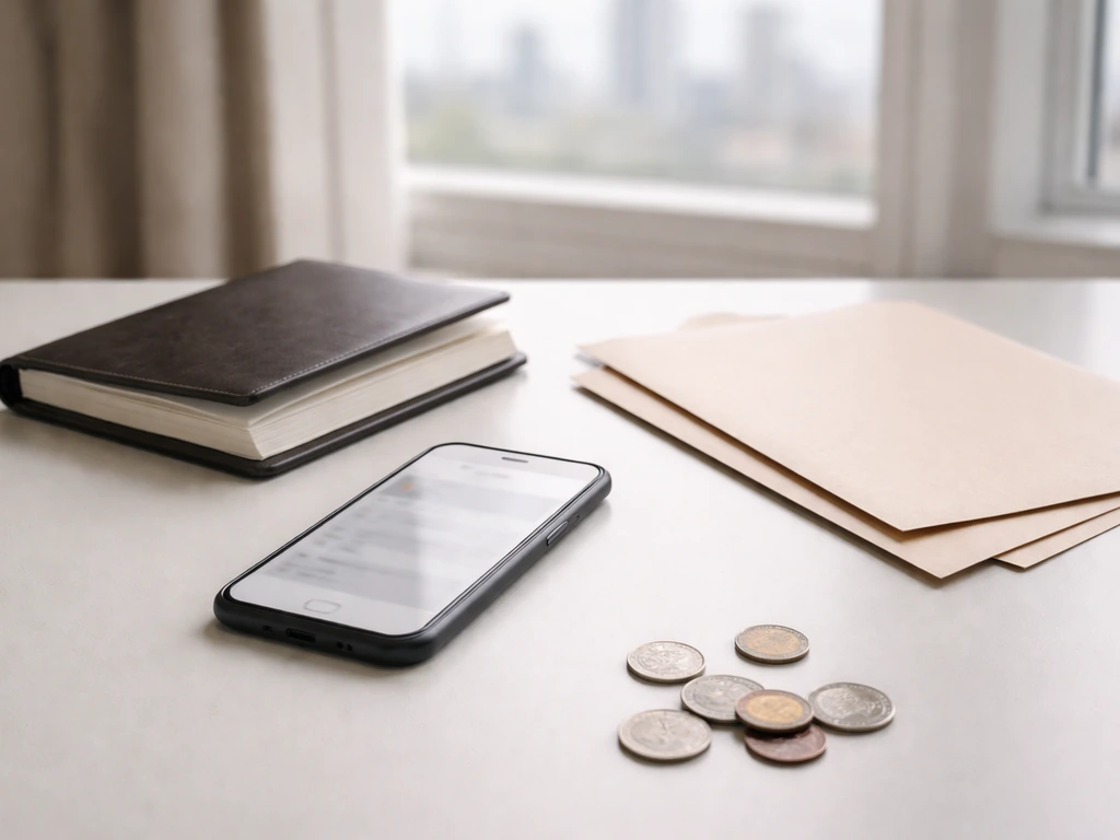 Minimal photo of a finance notebook and smartphone beside folders, suggesting comparing sources