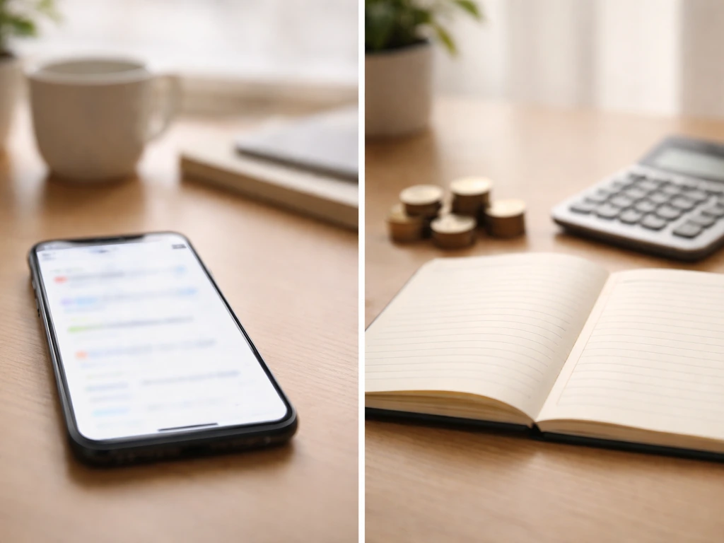 Minimal smartphone showing search results alongside a simple net-worth ledger concept in soft light.