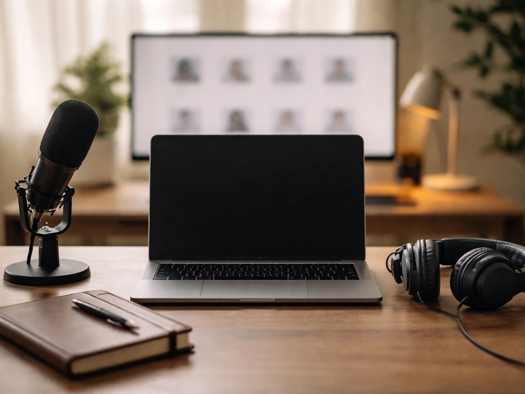 Minimal photo of a music-industry executive workspace with laptop, microphone, and blurred search results vibe.