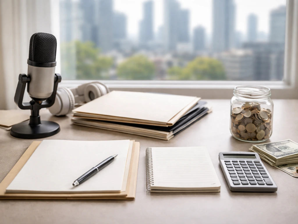 Minimal flat-lay scene of money and media-business items suggesting multiple income streams.