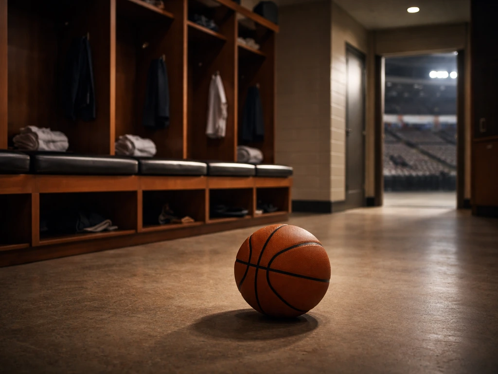 Empty NBA locker room with a basketball on the floor, evoking sports legacy and wealth interest.