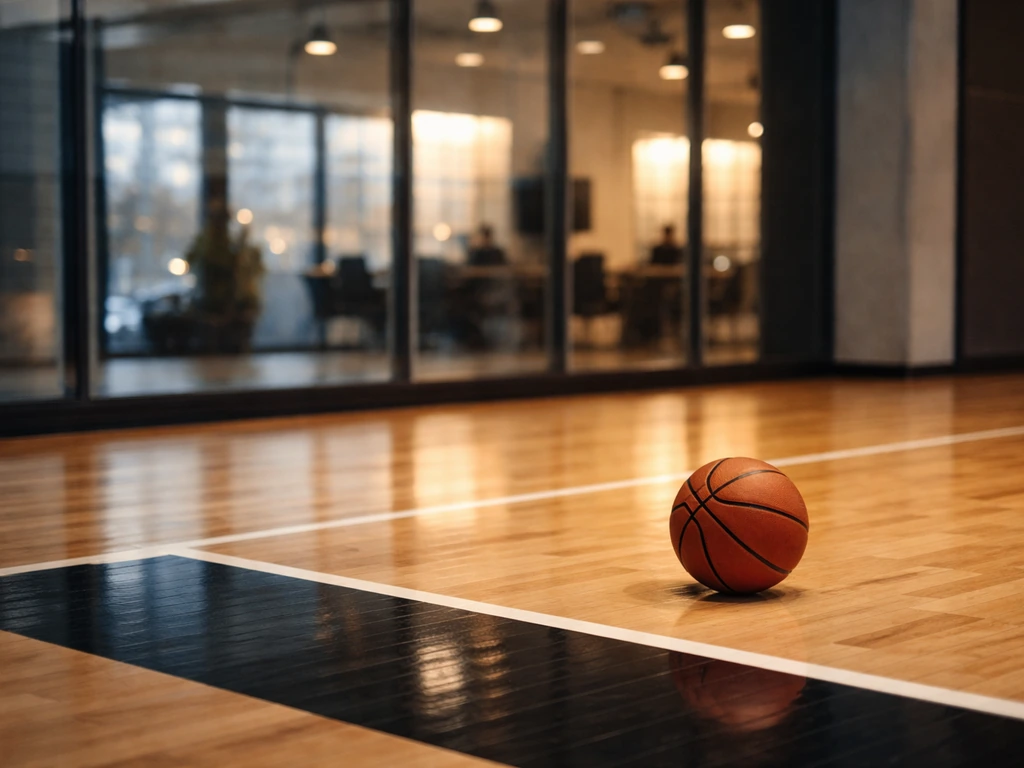 EuroLeague-style basketball court scene with a focused basketball and a modern office atmosphere suggesting earnings.
