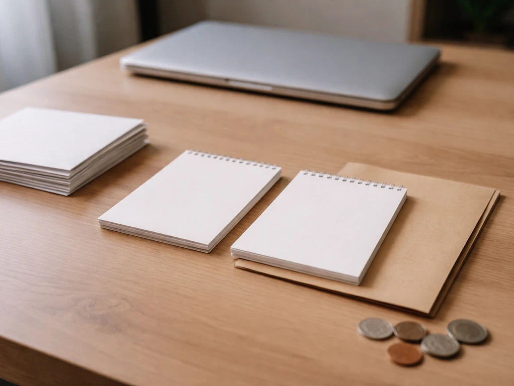 Minimal office desk with scattered envelopes and two sets of coins, symbolizing differing net worth estimates.