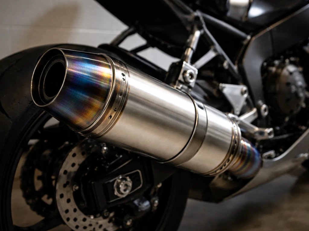 Close-up of a high-performance titanium motorcycle exhaust system with a sleek, race-ready look.