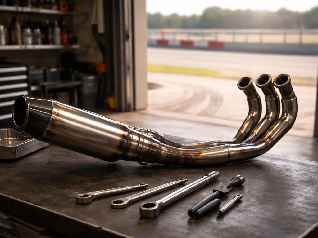 Close-up of a motorcycle racing exhaust and tools in a clean workshop setting on a track-adjacent table