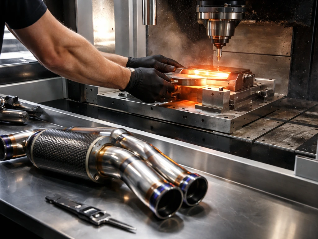 Hands guiding a titanium/metal component on a CNC machine with carbon-fiber parts on a clean workbench.