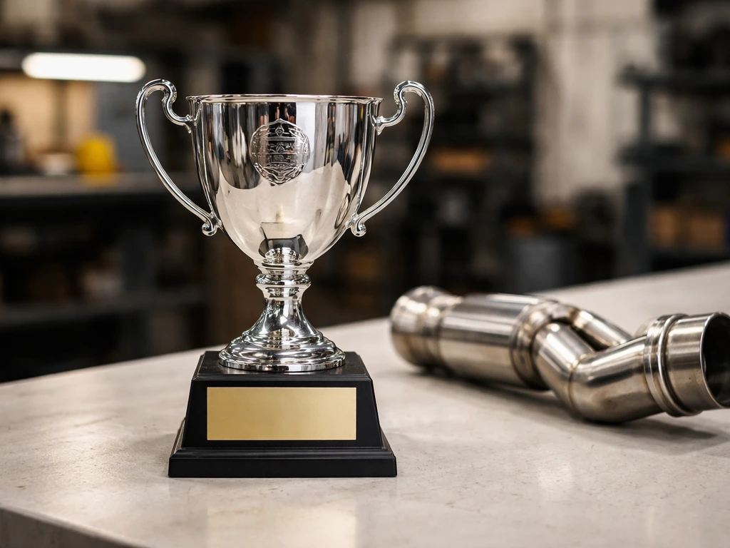 Polished metal trophy and award plaque on a clean workshop table beside an exhaust pipe component