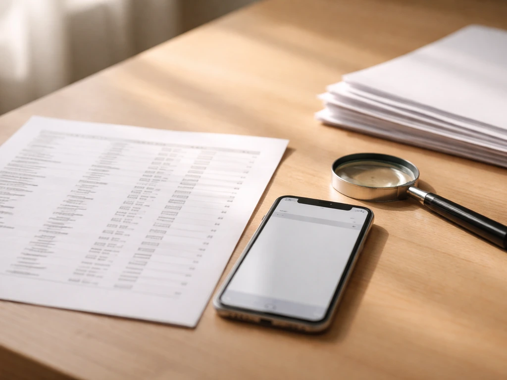 Desk scene with printed business list pages, a phone, and a magnifying glass for validating claims.