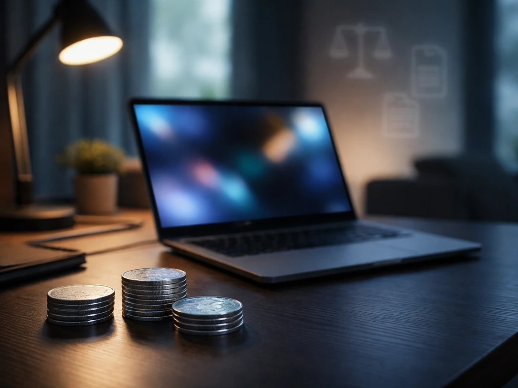 Minimal desk scene with crypto lending vibe: laptop, Ethereum-like tokens, and soft regulatory icons in the background.
