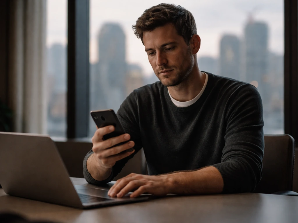 Anonymous fintech executive seated at a modern desk, smartphone in hand, blurred city background.