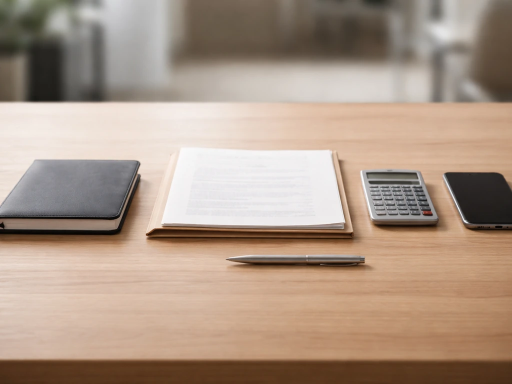 Minimal desk scene showing papers, a calculator, and a single smartphone beside a dark money ledger notebook