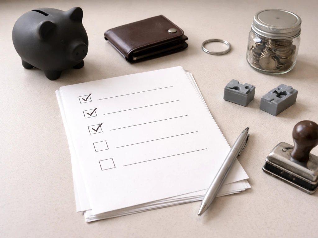 Minimal checklist with muted icons showing unknown real-estate and listed holdings beside generic asset categories.