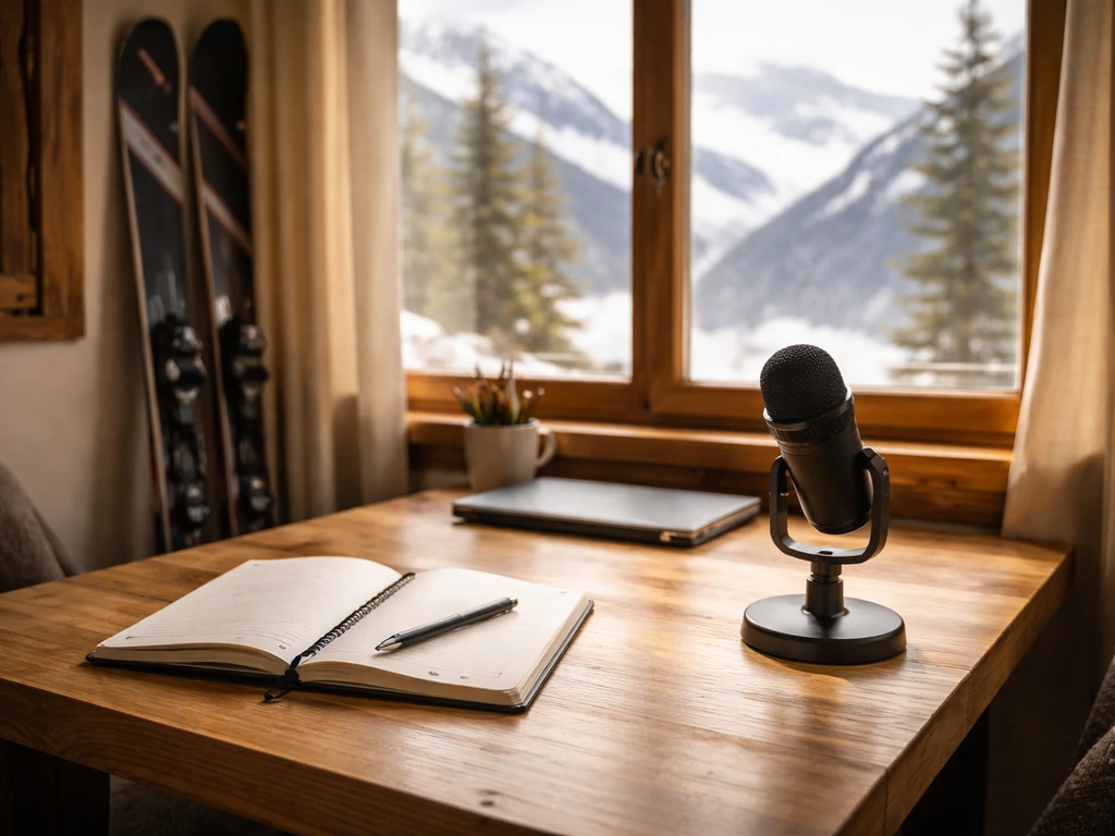 Ski coach and entrepreneur vibe: mountain lodge office desk with skis and a microphone in soft light