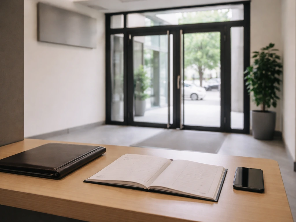Minimal office desk with a ledger and folder, suggesting operational company income sources.