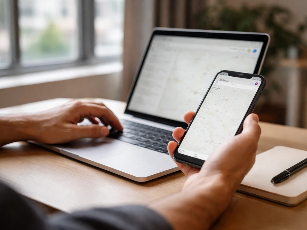 Hands using a phone and laptop on a desk, symbolizing checking a public business registry online.