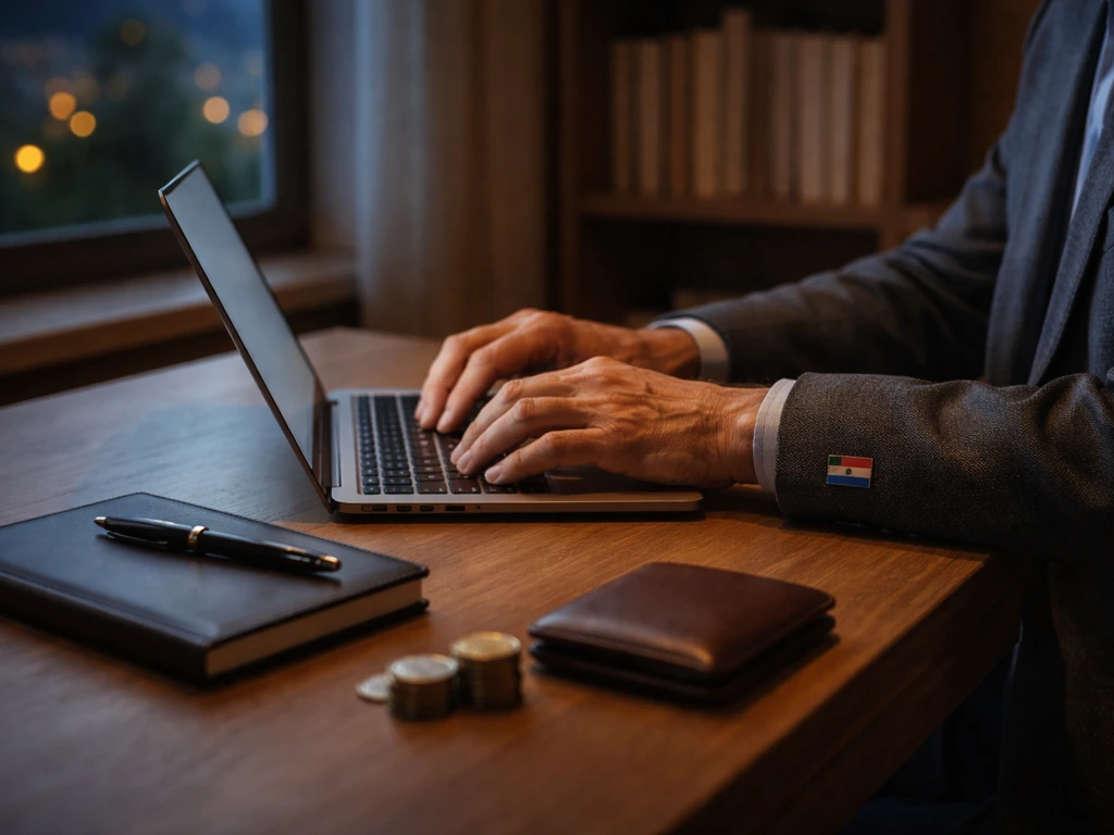 Anonymous hands typing at a desk with coins and a laptop, evoking writer work and wealth verification.