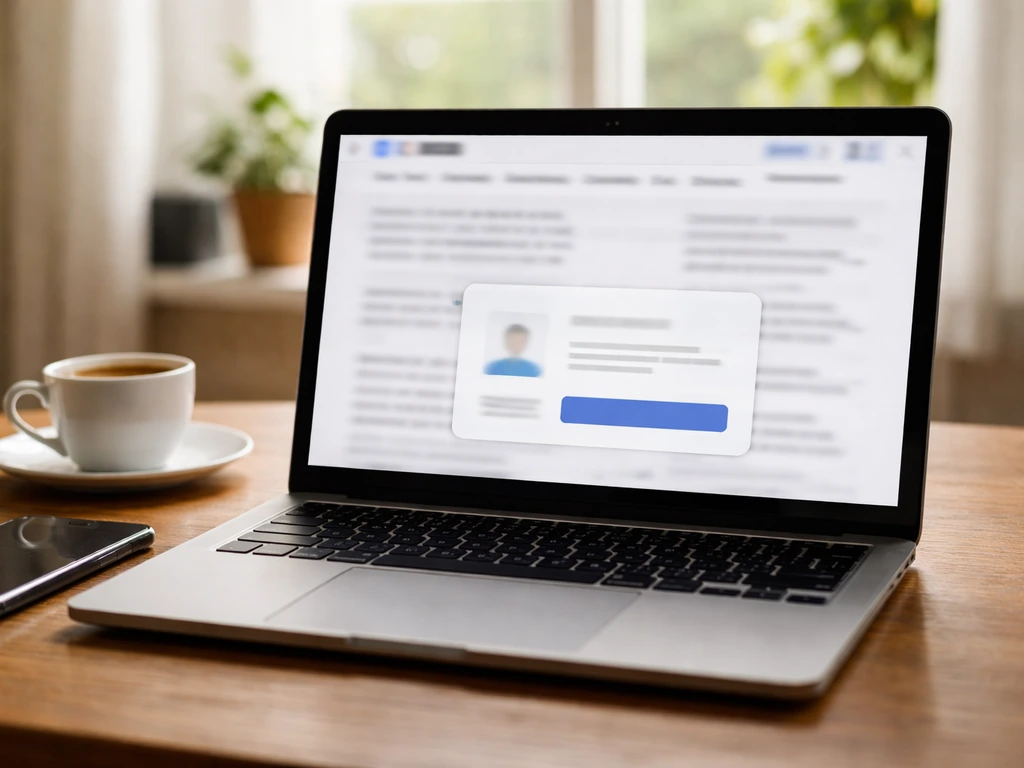 Laptop in a home office showing blurred Cyrillic search results, symbolizing identity verification before trusting numbe