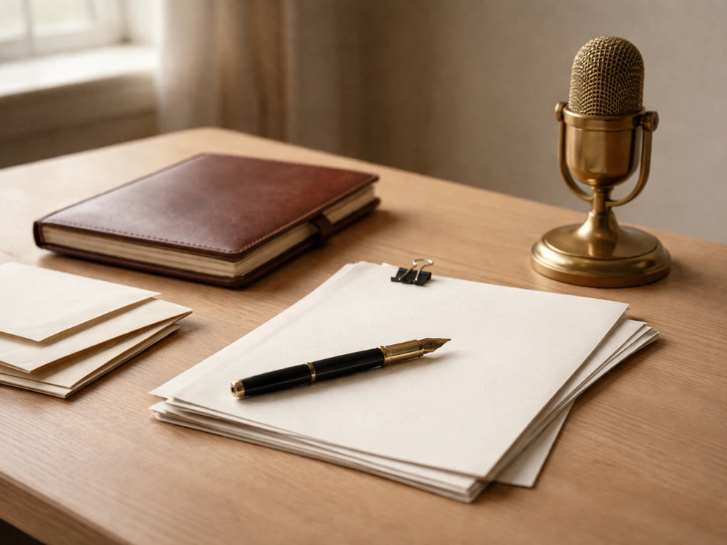 Minimal desk scene with stacked script pages, notebook, and microphone symbolizing media royalties.