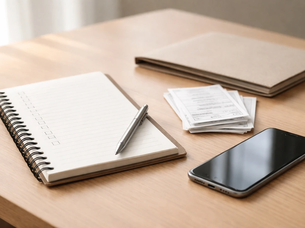 Minimal photo of an open notebook checklist beside a phone, receipts, and a closed folder in soft daylight.