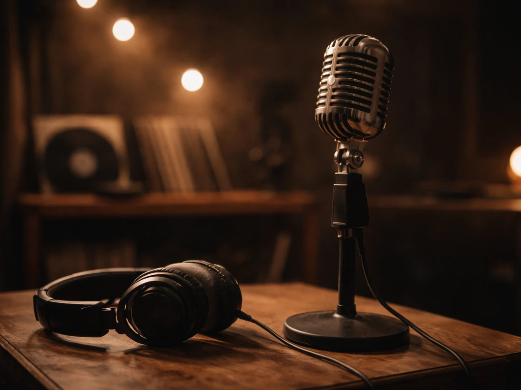 Dim music studio with a microphone and headphones, symbolizing a long vocal career—no people shown.
