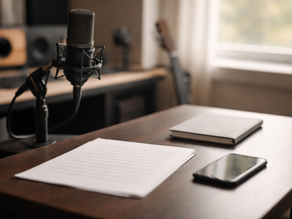 Minimal photo of a small recording studio desk with a microphone, sheet music, and a smartphone for rights-income workfl