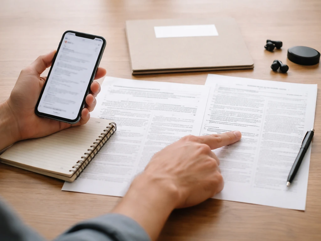 Hands checking blurred phone records and printed official pages on a desk with a magnifying glass.