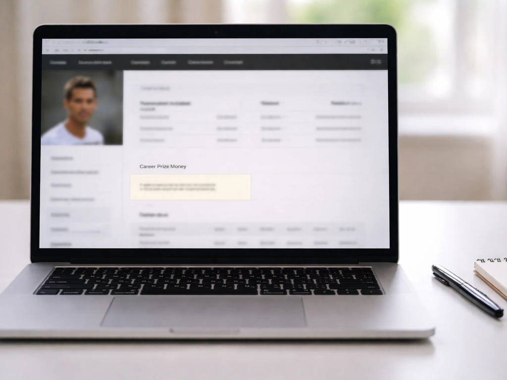 Close-up of a laptop showing an ATP-style player profile section with highlighted career prize money total