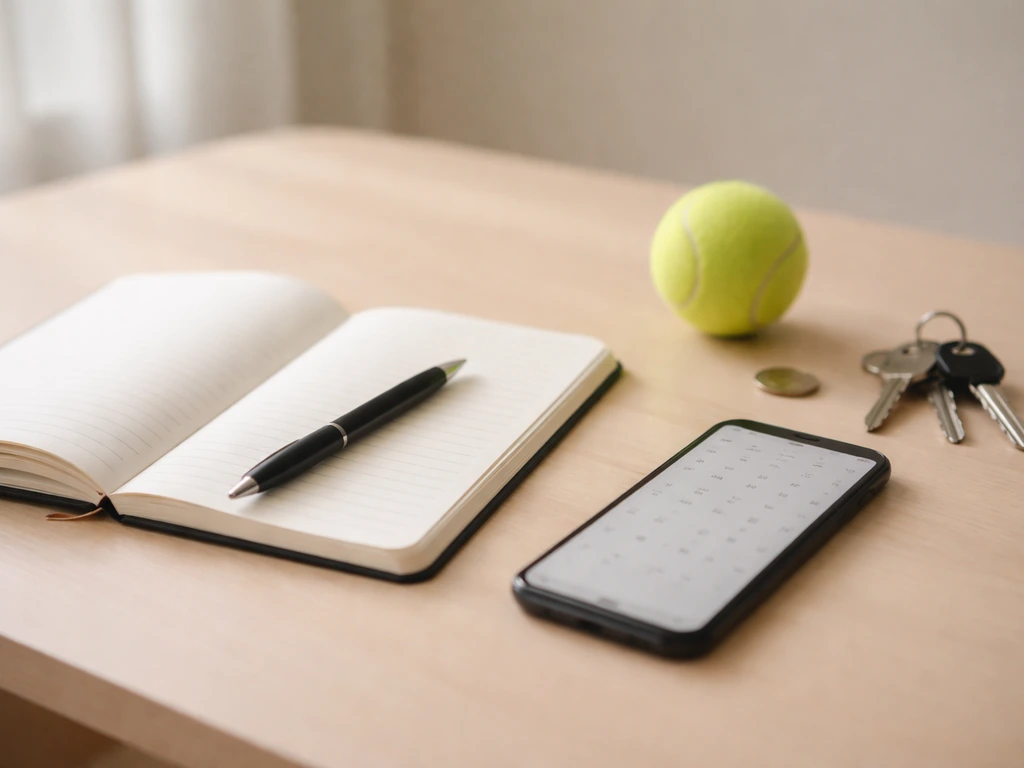 Minimal desk scene with smartphone and scattered tennis-themed items, suggesting a season prize money sanity check.