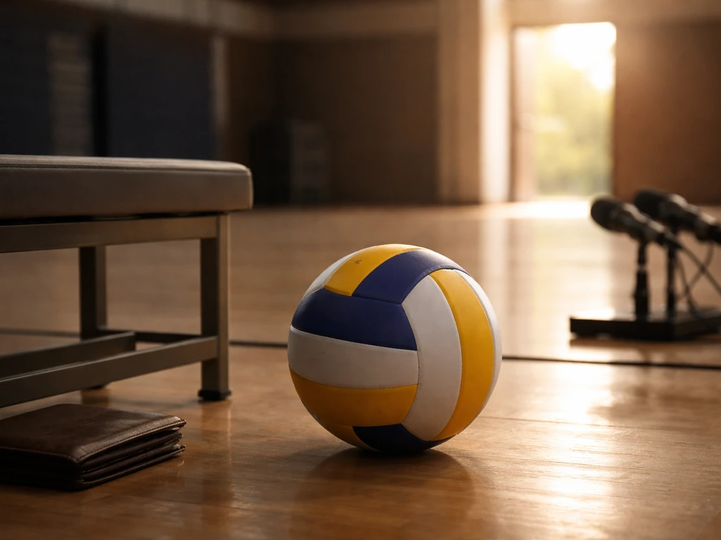 Volleyball on a gym floor with a closed wallet nearby and a media mic stand blurred in the background.