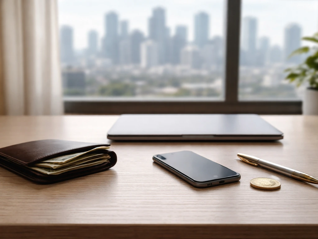 Minimal home office desk with wallet, coins, and cash symbolizing estimated net worth range.