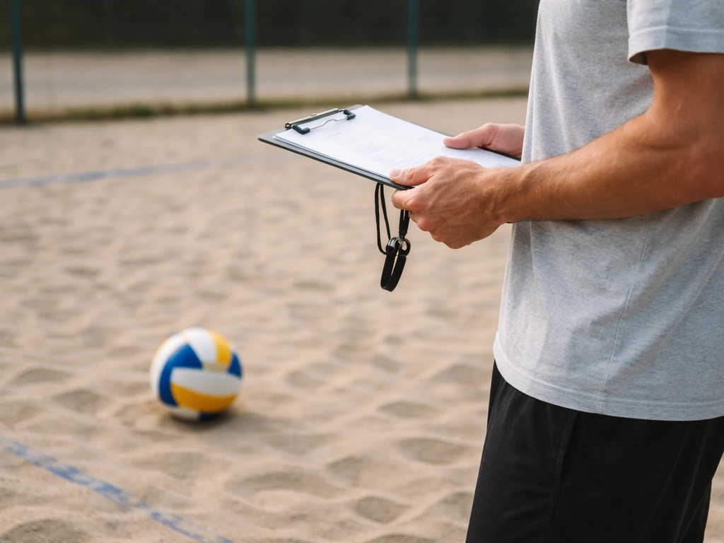 Volleyball coach clipboard and whistle beside a volleyball in a simple training court setting
