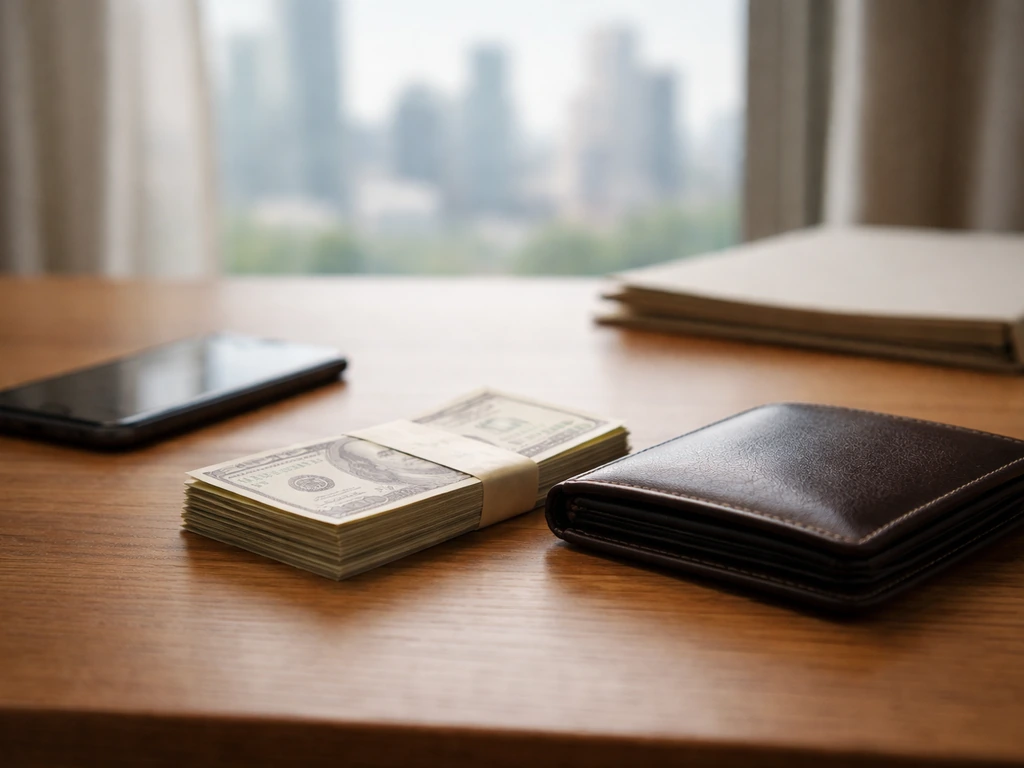 Minimal desk scene with cash and a smartphone showing blurred finance numbers, symbolizing net-worth comparison.