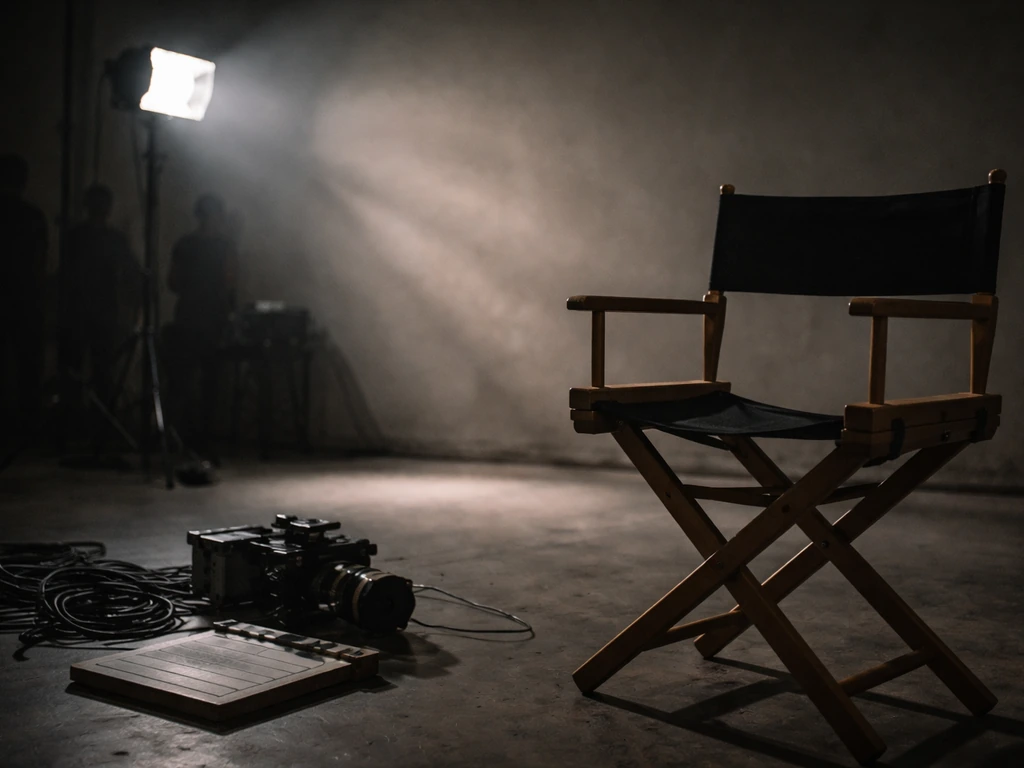 Cinematic film set scene with director’s chair, clapperboard, and dramatic lighting symbolizing independent filmmaking
