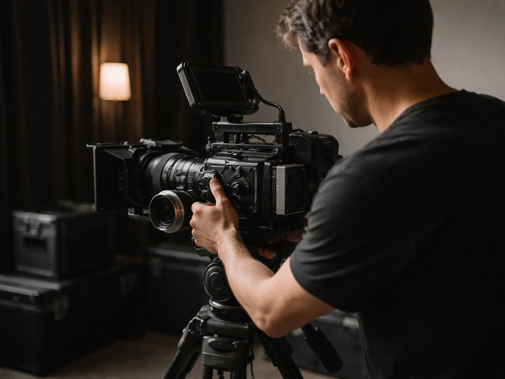 Film director at work, hands on a camera rig in a quiet studio setting