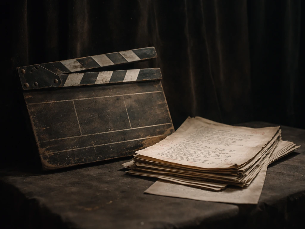 Close-up of a worn film clapper and production script pages beside a dark theater curtain