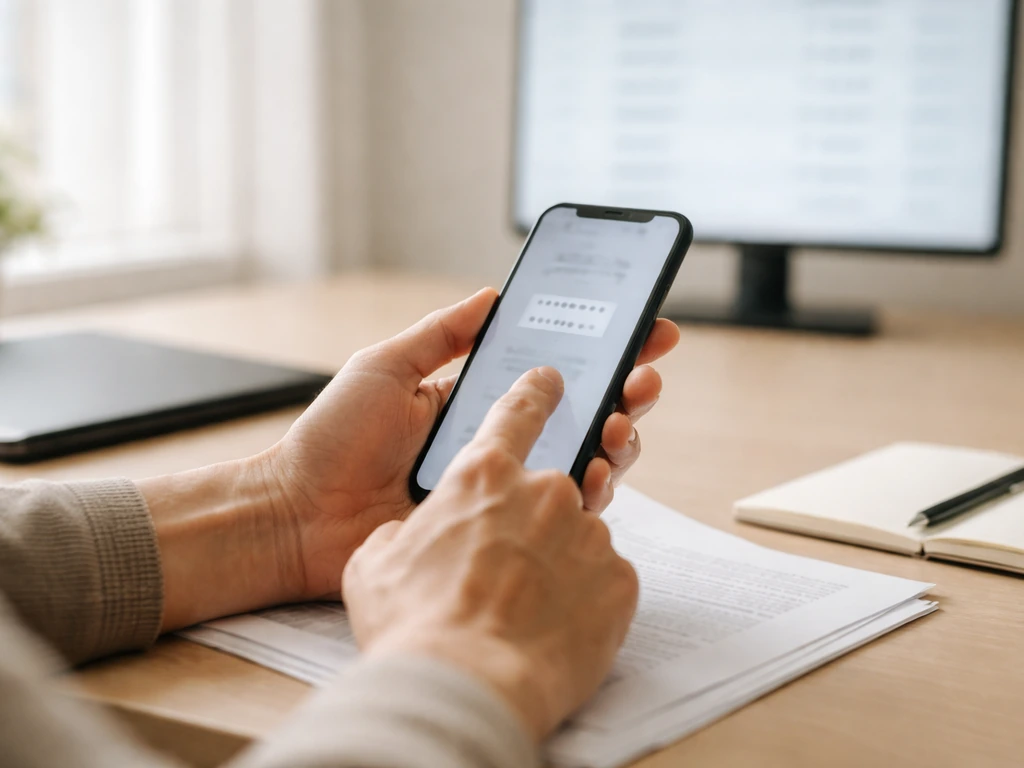 Hand holding a smartphone over an office desk with documents and a notebook for verifying media and finance claims.