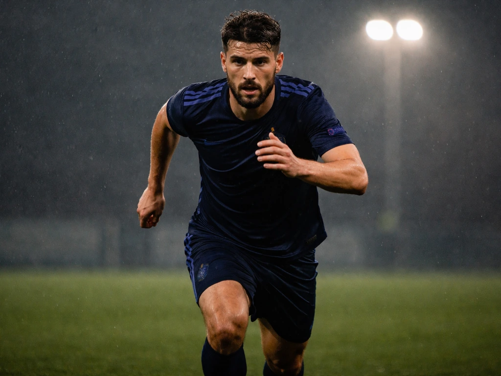 Bruno Petković running on a lit soccer pitch during a match, minimal stadium background.