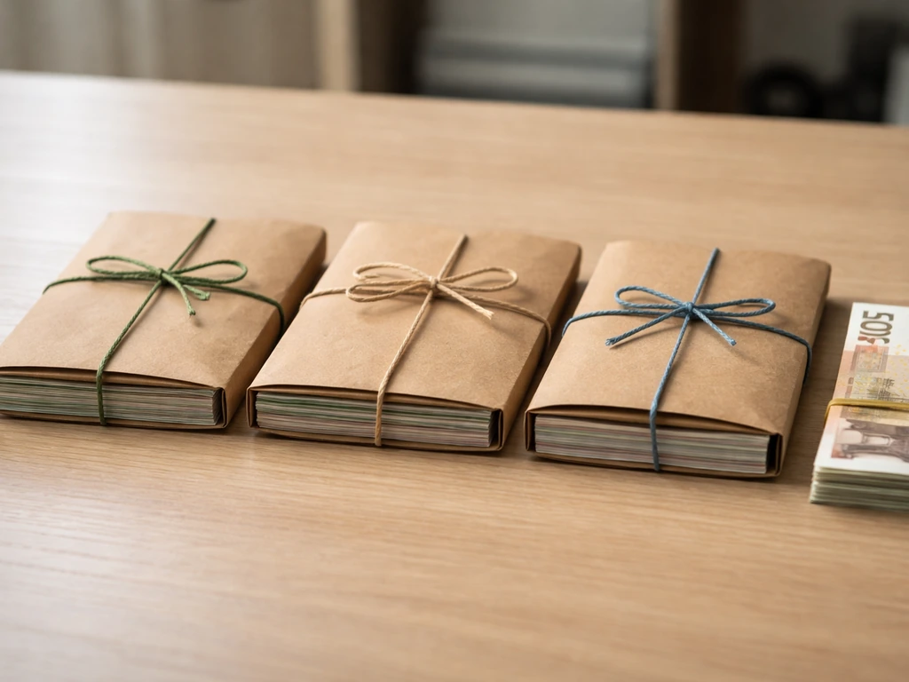 Three tied cash bundles on a desk, suggesting three bonus installments.