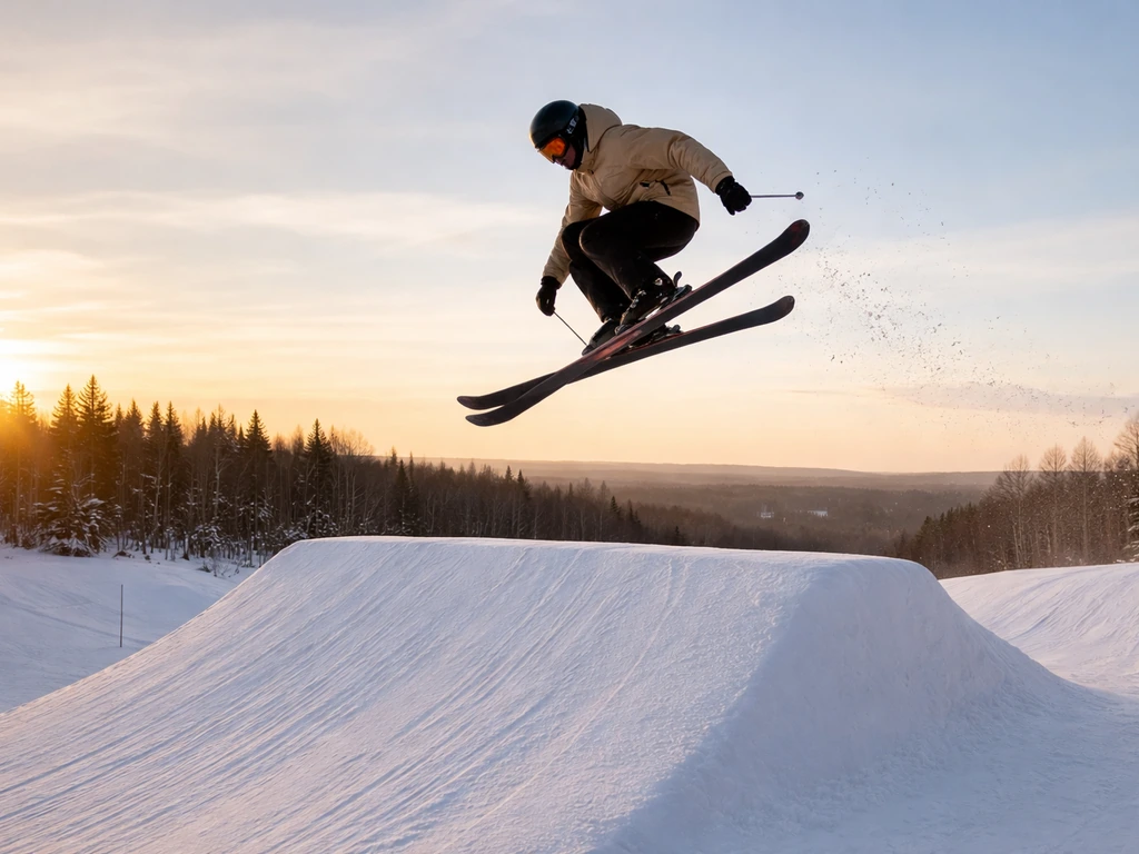 Freestyle skier airborne over a snowy jump at golden hour in a minimal winter landscape.