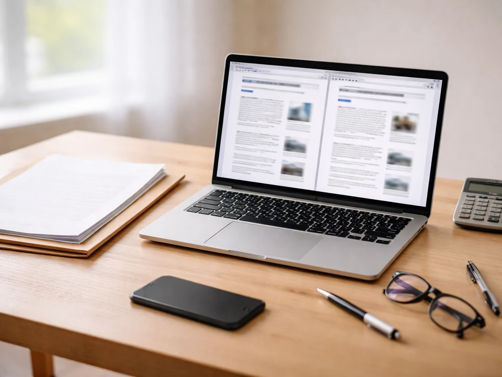 Minimal desk scene with a laptop open to two web pages, documents, and a calculator for fact-checking